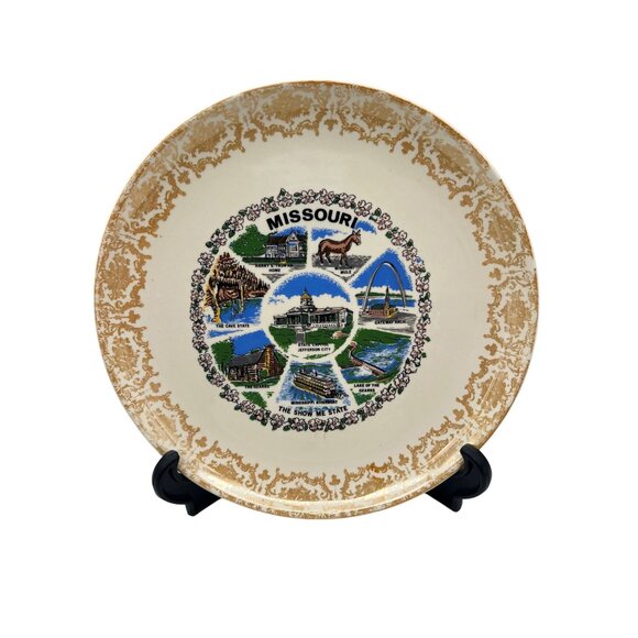 Missouri Souvenir Plate 9.25" Scenic Landmarks Gold Trim Show Me State - Picture 1 of 4